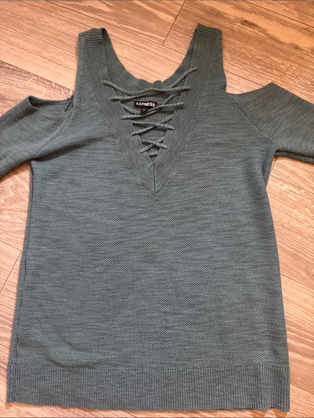 Express Olive Green Lace-Up Cold-Shoulder V-Neck Sweater